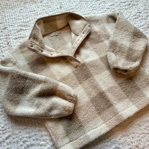 LOFT Plaid Sherpa Cream Tan Snap Collar Mock Neck Sweater Fall Top Size Small